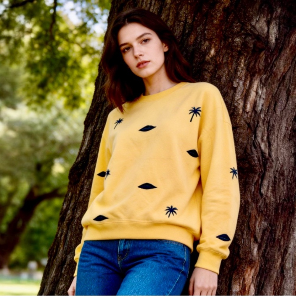 Sandrine Rose Eye Palm Tree Embroidered Sweatshirt by Free People Size M